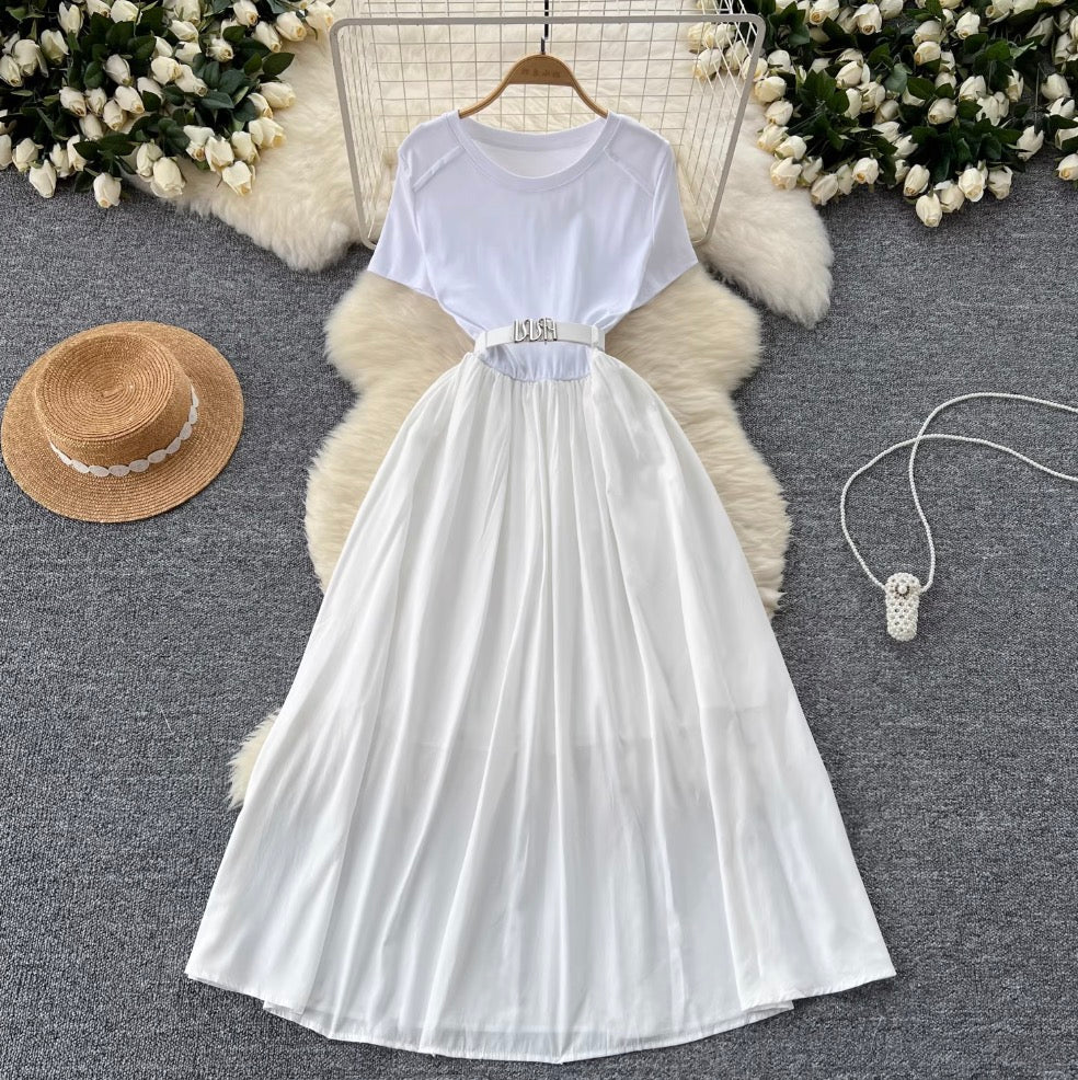 Crew Neck Draped Dress with Belt