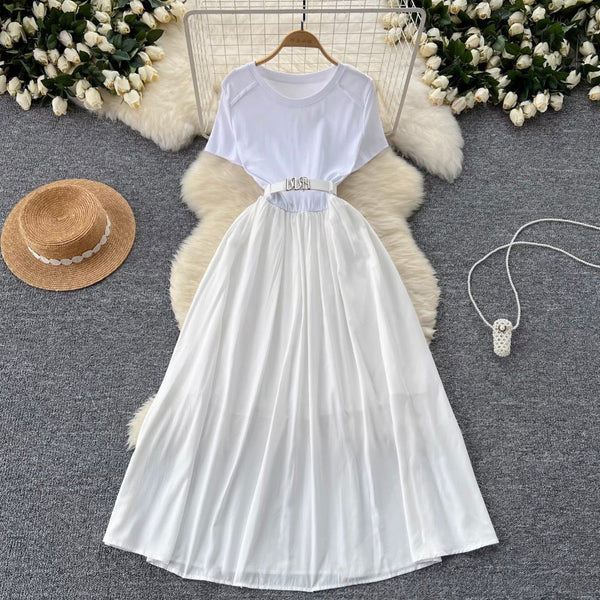 Crew Neck Draped Dress with Belt
