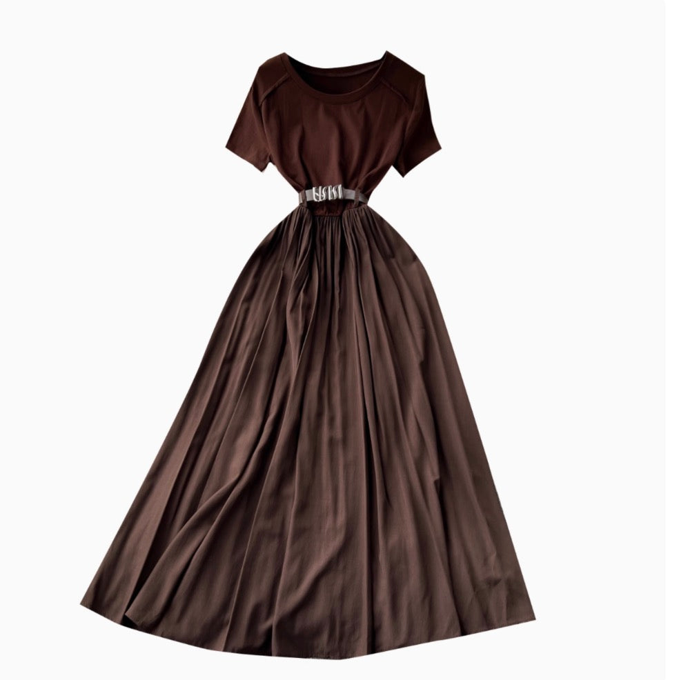 Crew Neck Draped Dress with Belt