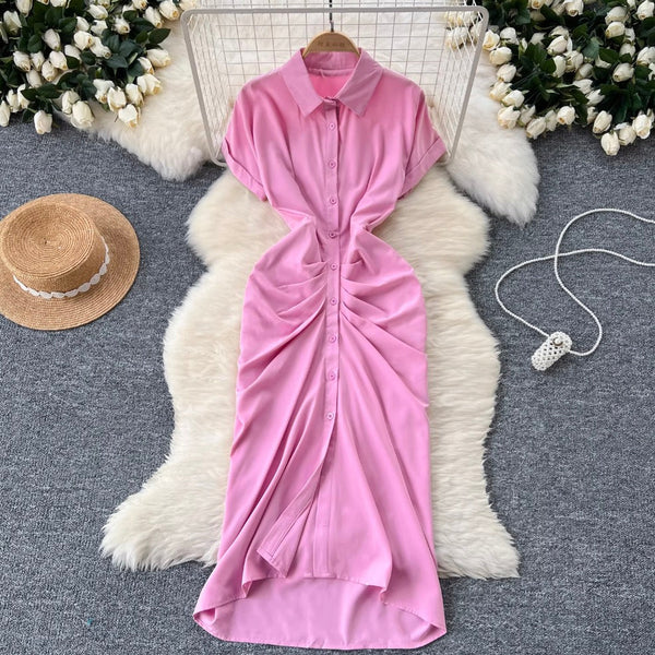 Solid Color Pleated Shirt Dress