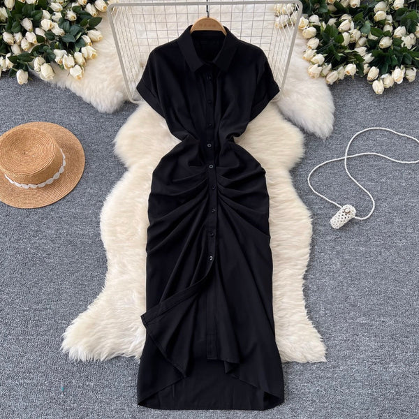 Solid Color Pleated Shirt Dress