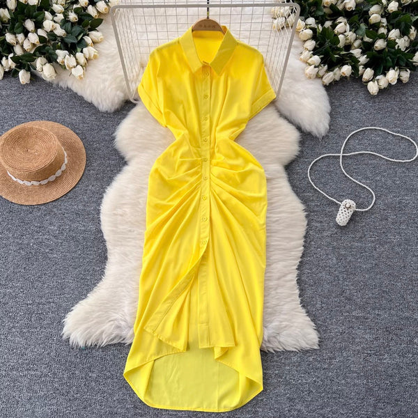 Solid Color Pleated Shirt Dress