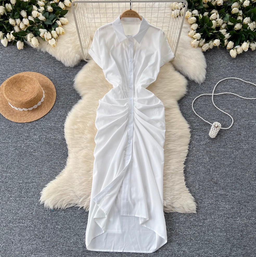 Solid Color Pleated Shirt Dress