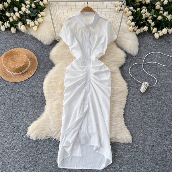 Solid Color Pleated Shirt Dress