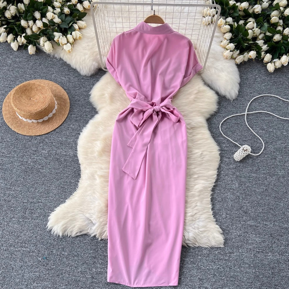 Solid Color Pleated Shirt Dress