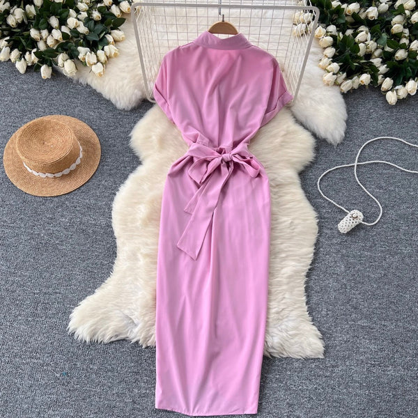 Solid Color Pleated Shirt Dress