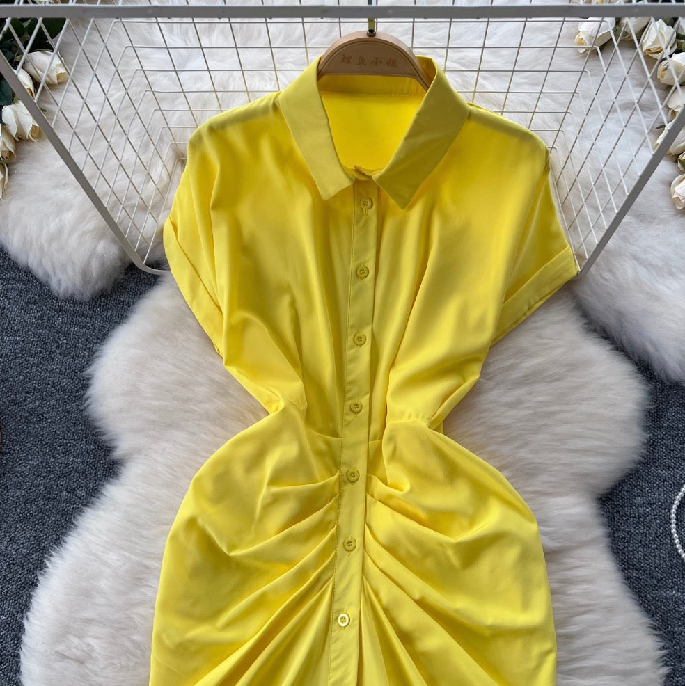 Solid Color Pleated Shirt Dress