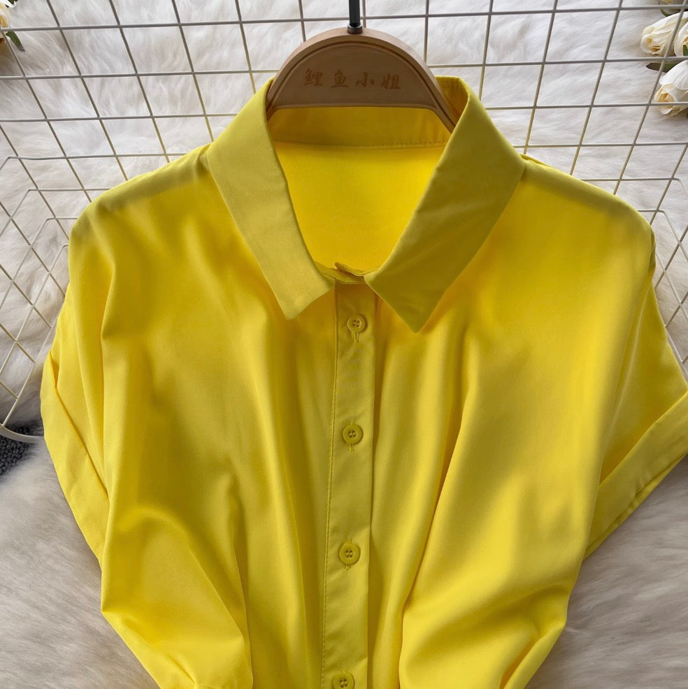 Solid Color Pleated Shirt Dress