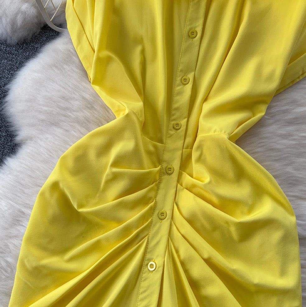 Solid Color Pleated Shirt Dress