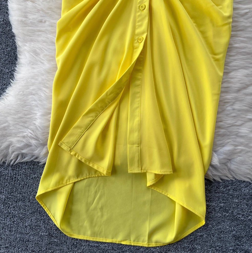 Solid Color Pleated Shirt Dress