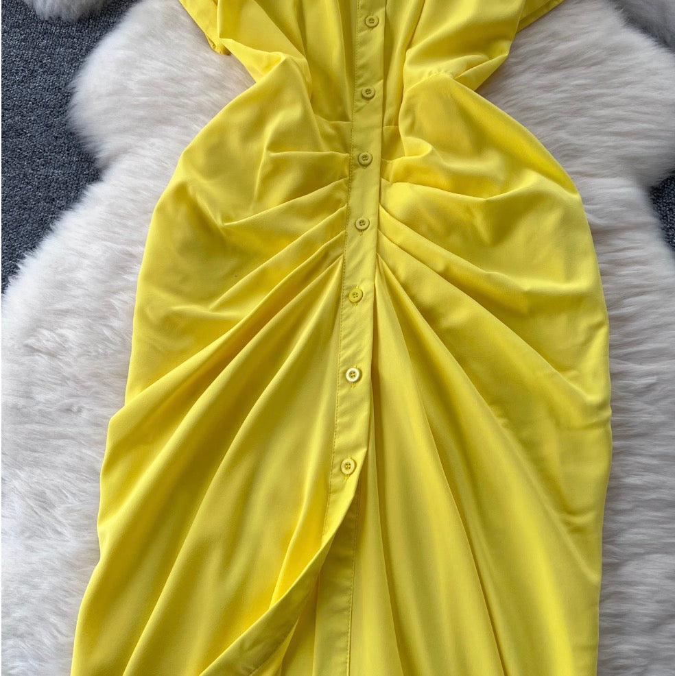 Solid Color Pleated Shirt Dress