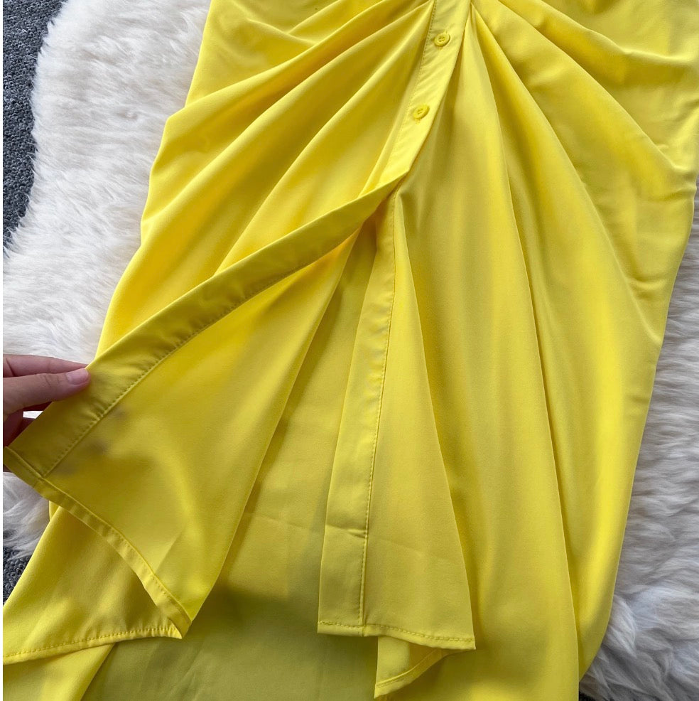 Solid Color Pleated Shirt Dress