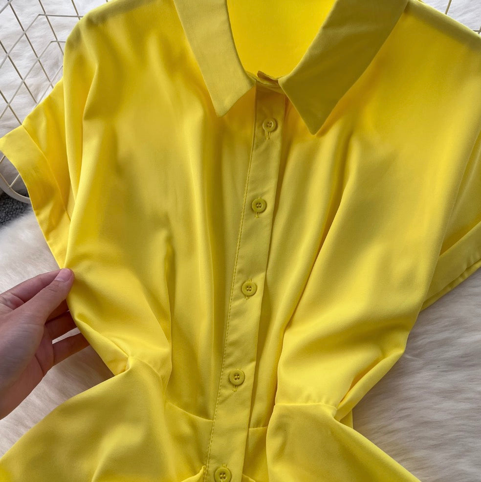 Solid Color Pleated Shirt Dress