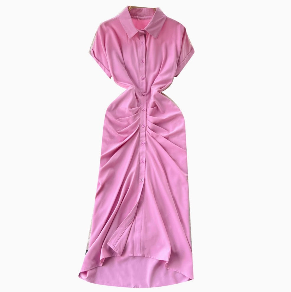 Solid Color Pleated Shirt Dress