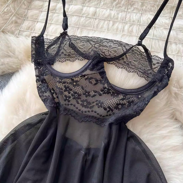 Sexy Black Lace Patchwork Slip Dress
