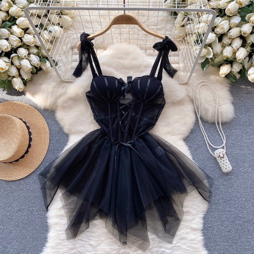 Lace Patchwork Puffy Mesh Slip Dress