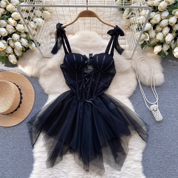 Lace Patchwork Puffy Mesh Slip Dress