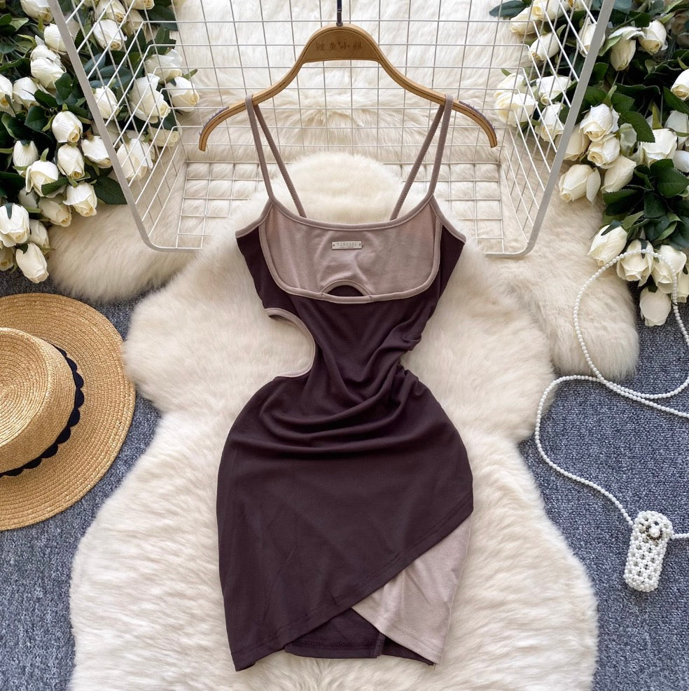 Irregular Design Color Blocking Slip Dress