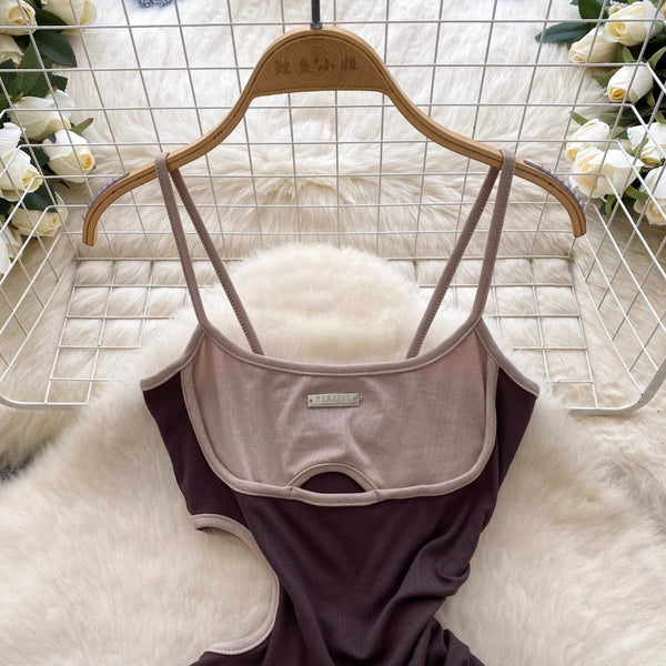 Irregular Design Color Blocking Slip Dress
