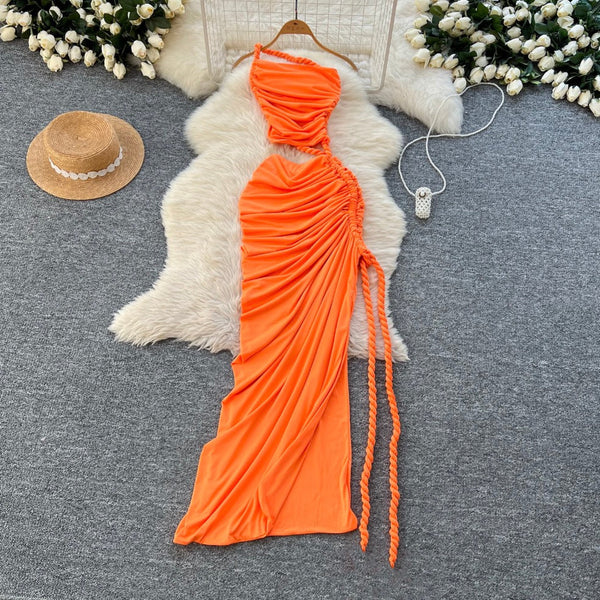 Slant Neckline Pleated Patchwork Dress
