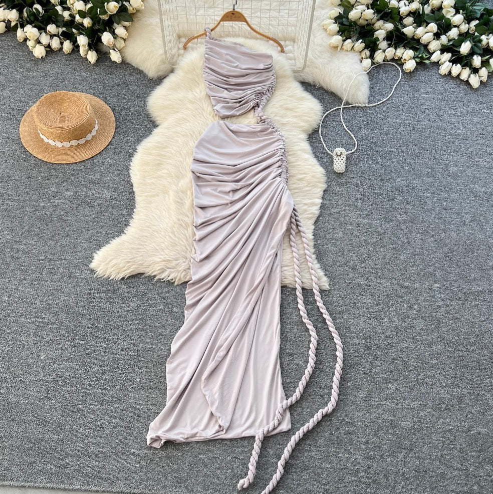 Slant Neckline Pleated Patchwork Dress