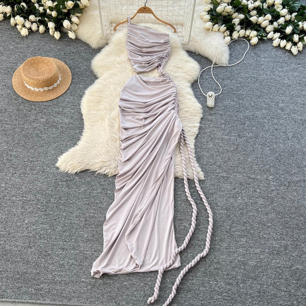 Slant Neckline Pleated Patchwork Dress