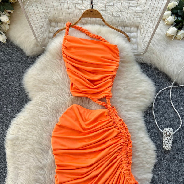 Slant Neckline Pleated Patchwork Dress
