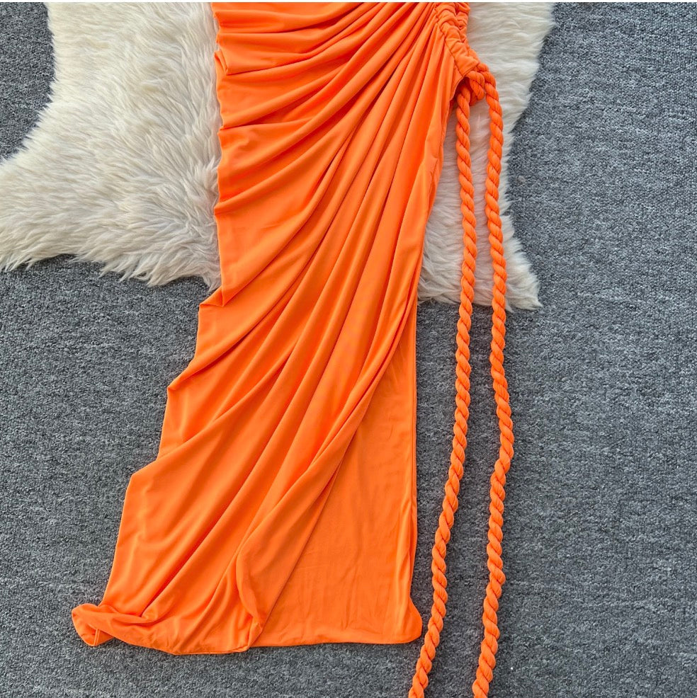 Slant Neckline Pleated Patchwork Dress