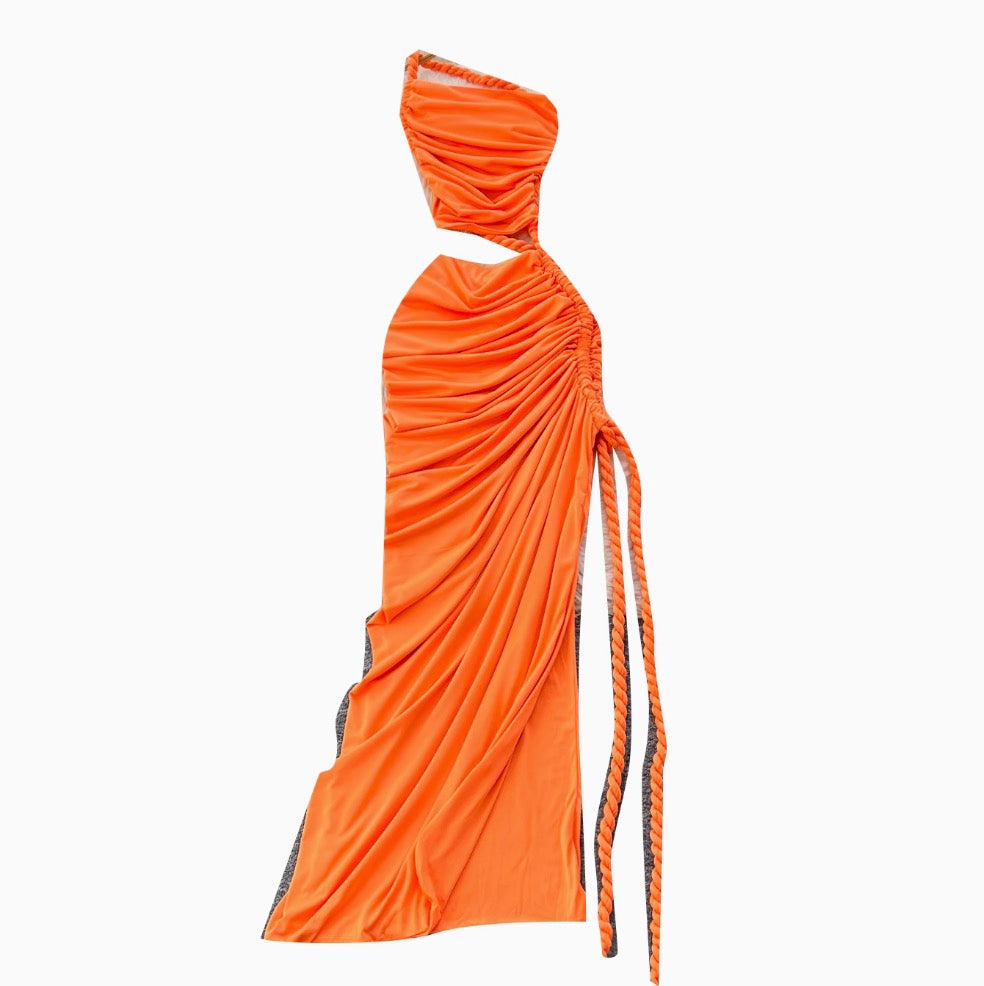 Slant Neckline Pleated Patchwork Dress