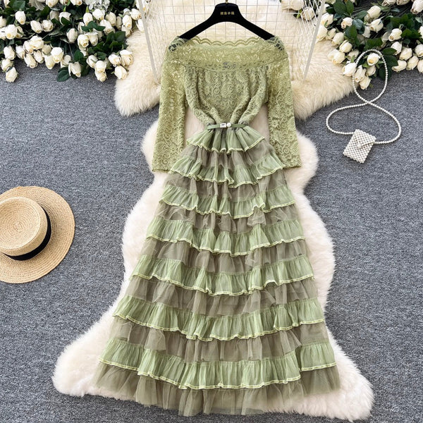 Off-shoulder Puffy Layered Lace Dress
