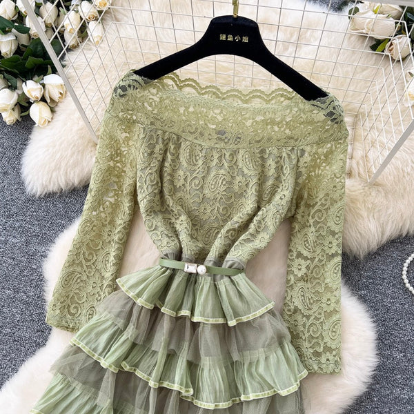 Off-shoulder Puffy Layered Lace Dress