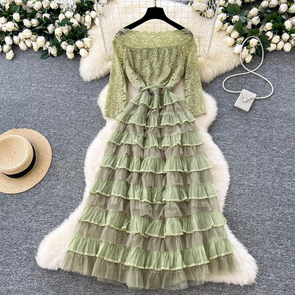 Off-shoulder Puffy Layered Lace Dress