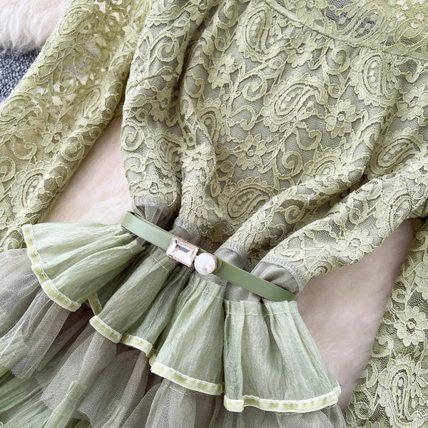 Off-shoulder Puffy Layered Lace Dress