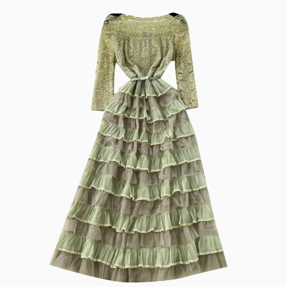 Off-shoulder Puffy Layered Lace Dress