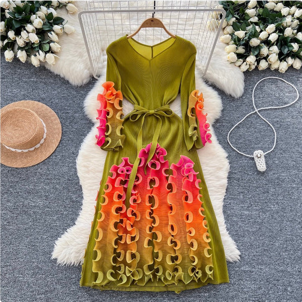Vintage Gradient Color Ruffled Dress