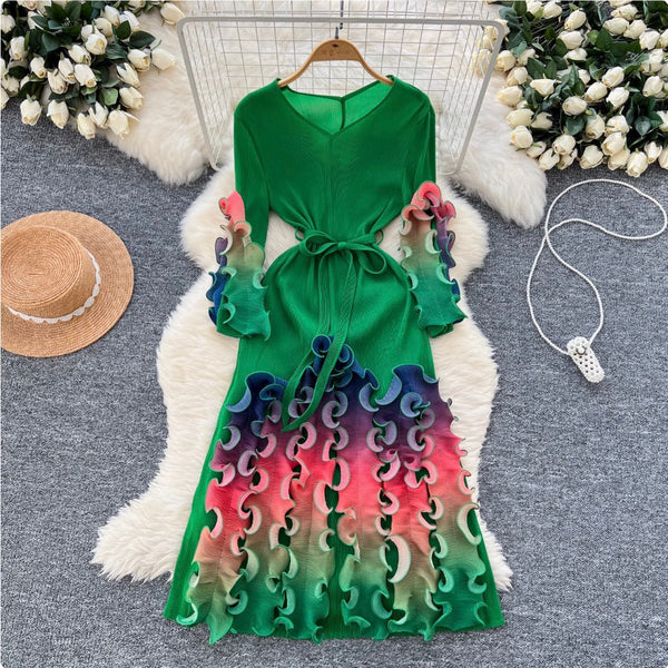 Vintage Gradient Color Ruffled Dress