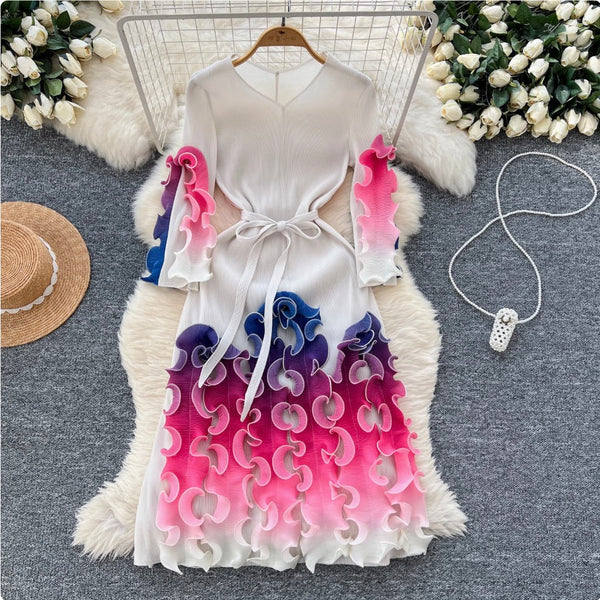Vintage Gradient Color Ruffled Dress