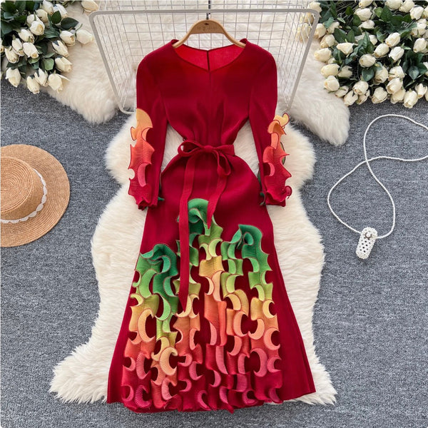 Vintage Gradient Color Ruffled Dress