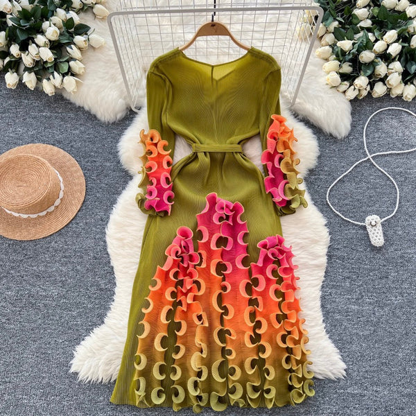 Vintage Gradient Color Ruffled Dress