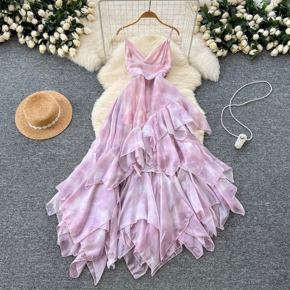 Irregular Design Purple Ruffled Slip Dress