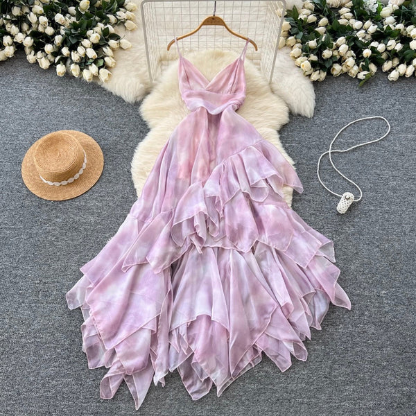 Irregular Design Purple Ruffled Slip Dress
