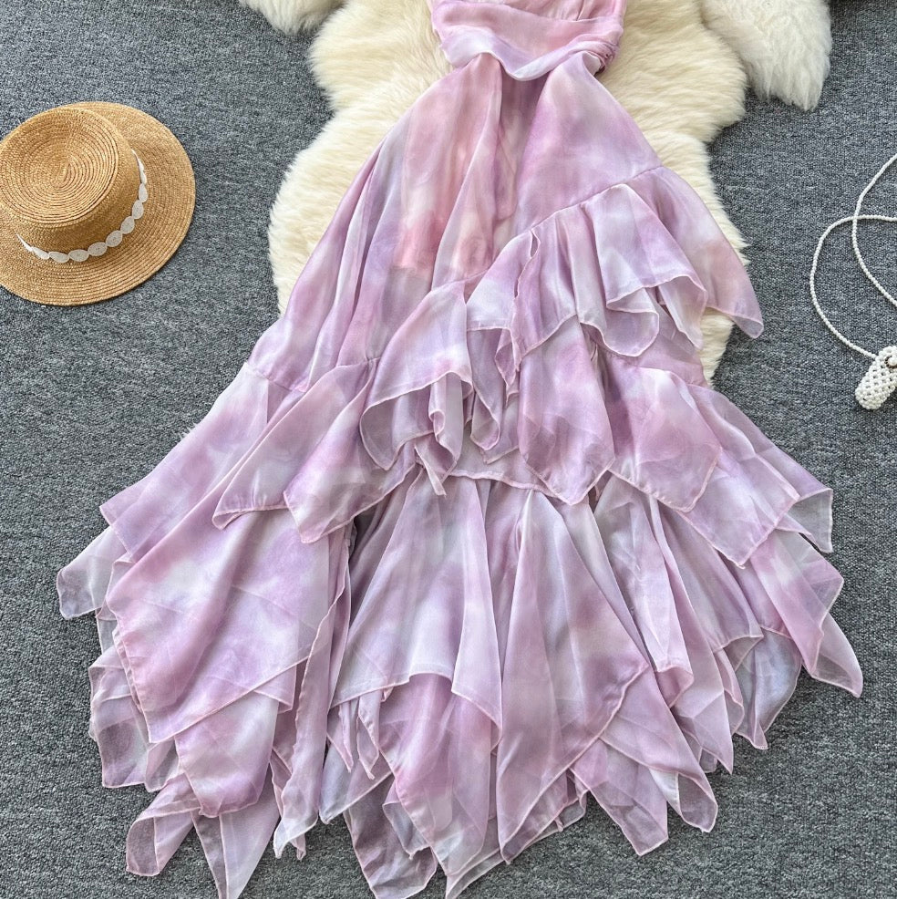 Irregular Design Purple Ruffled Slip Dress