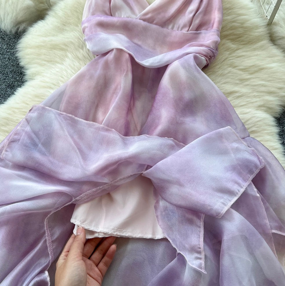 Irregular Design Purple Ruffled Slip Dress