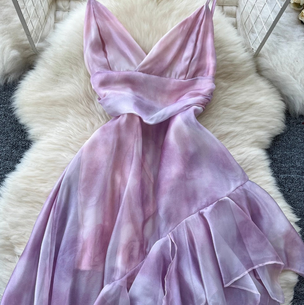 Irregular Design Purple Ruffled Slip Dress