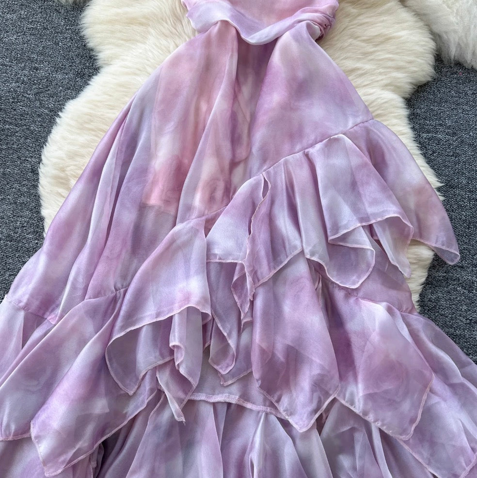 Irregular Design Purple Ruffled Slip Dress