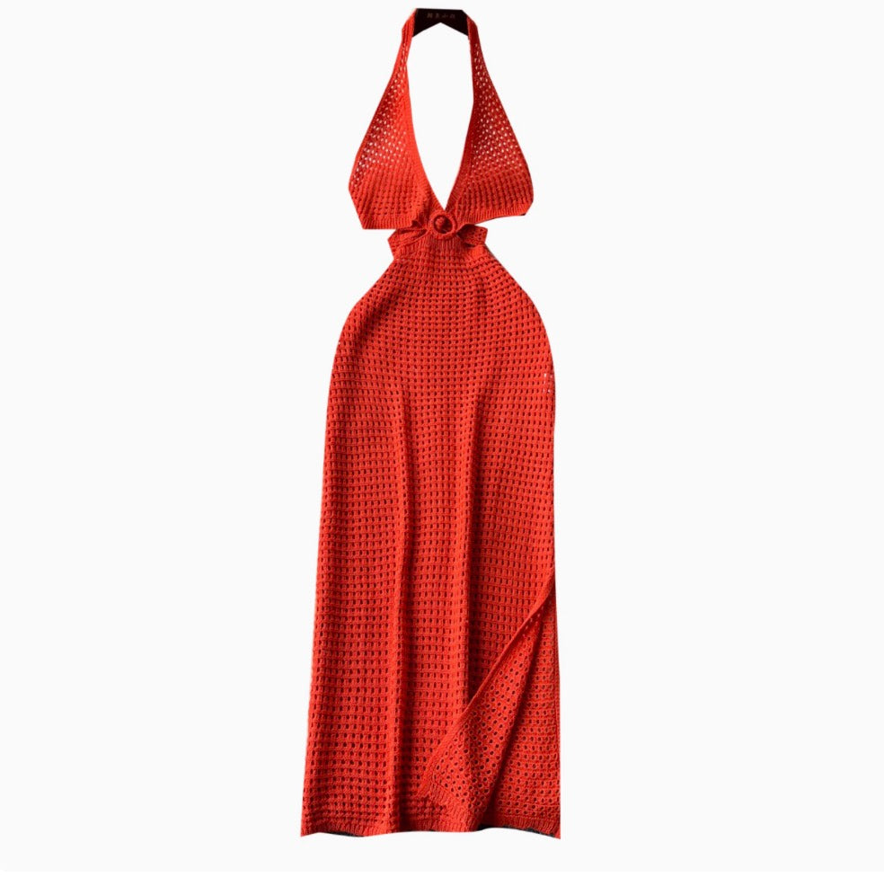 V-neck Hollowed Knit Halter Dress