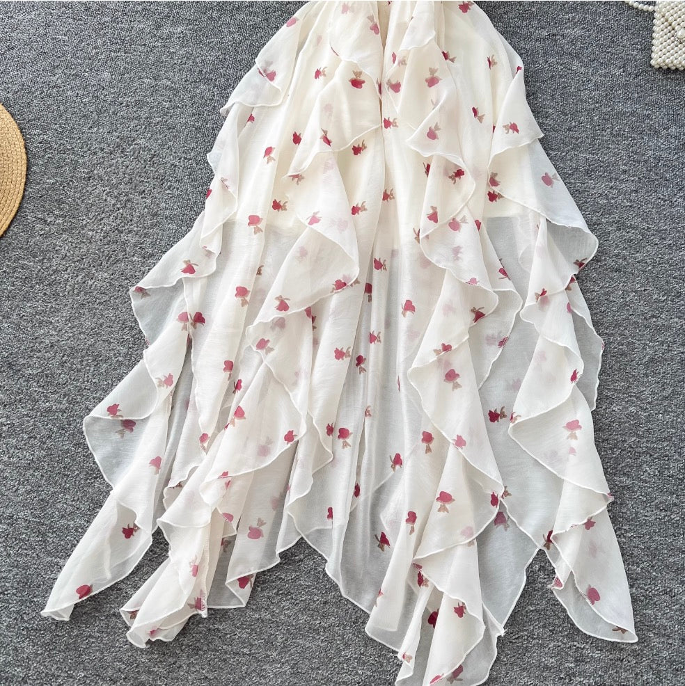 French Style Printed Chiffon Slip Dress