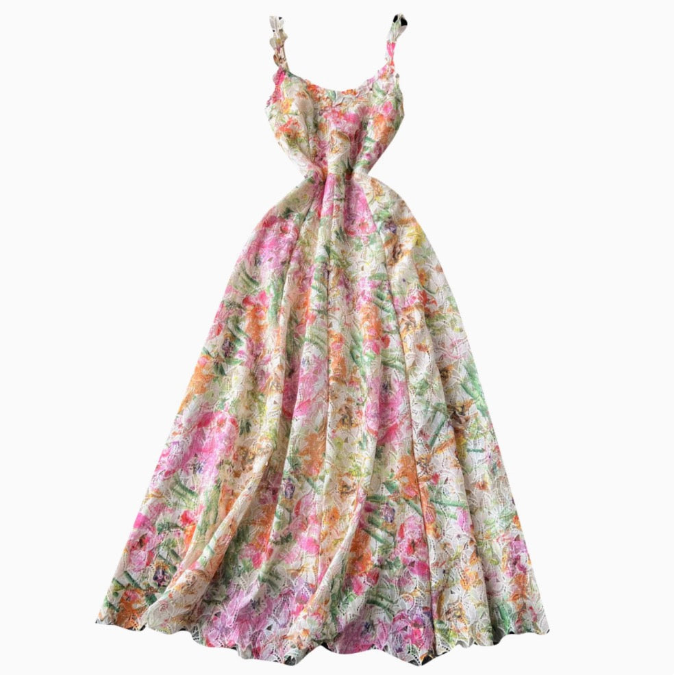 Hollowed Colorful Floral Mesh Slip Dress