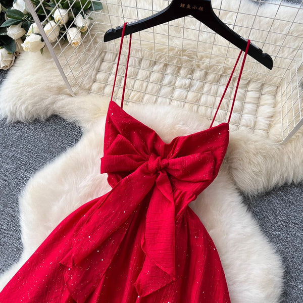 French Style Bow-tie Glossy Slip Dress