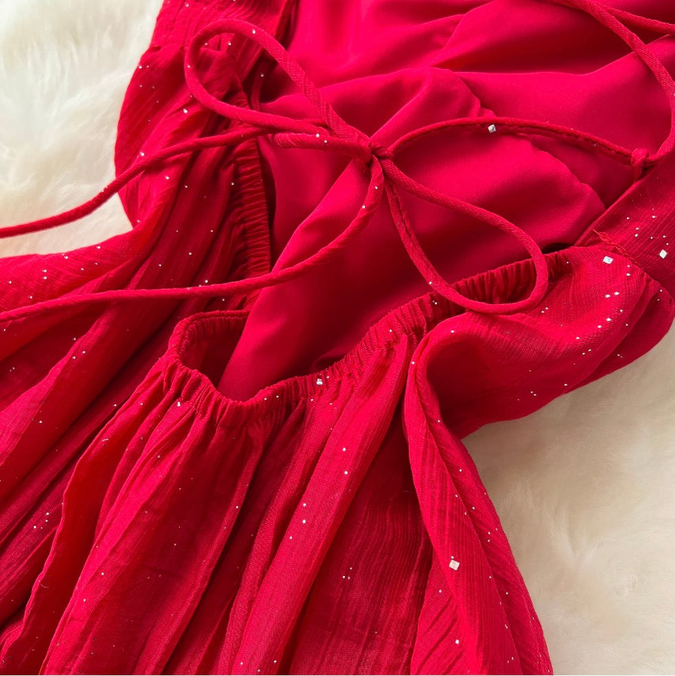 French Style Bow-tie Glossy Slip Dress